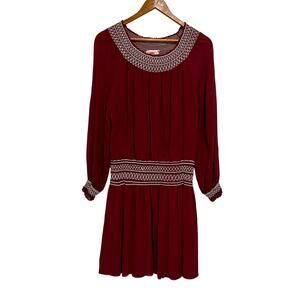 Tory Burch Silk Georgette Smocked Dress Red Embroidered Boho Peasant Womens 10